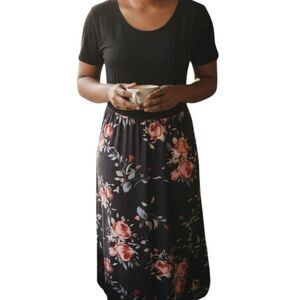 AMAZON BLACK & PINK FLORAL MAXI DRESS SZ.L GUC